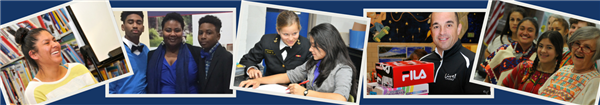 Five pictures of volunteers in schools and/or working with students. 